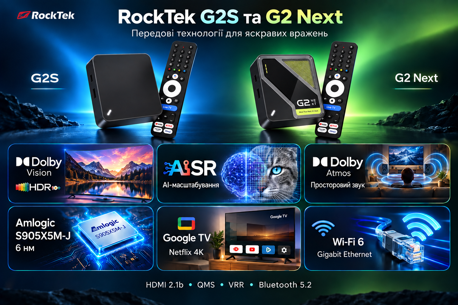 RockTek G2S і G2 Next: спільні технології Dolby Vision, AISR, Dolby Atmos, Amlogic S905X5M-J, Google TV та Wi-Fi 6