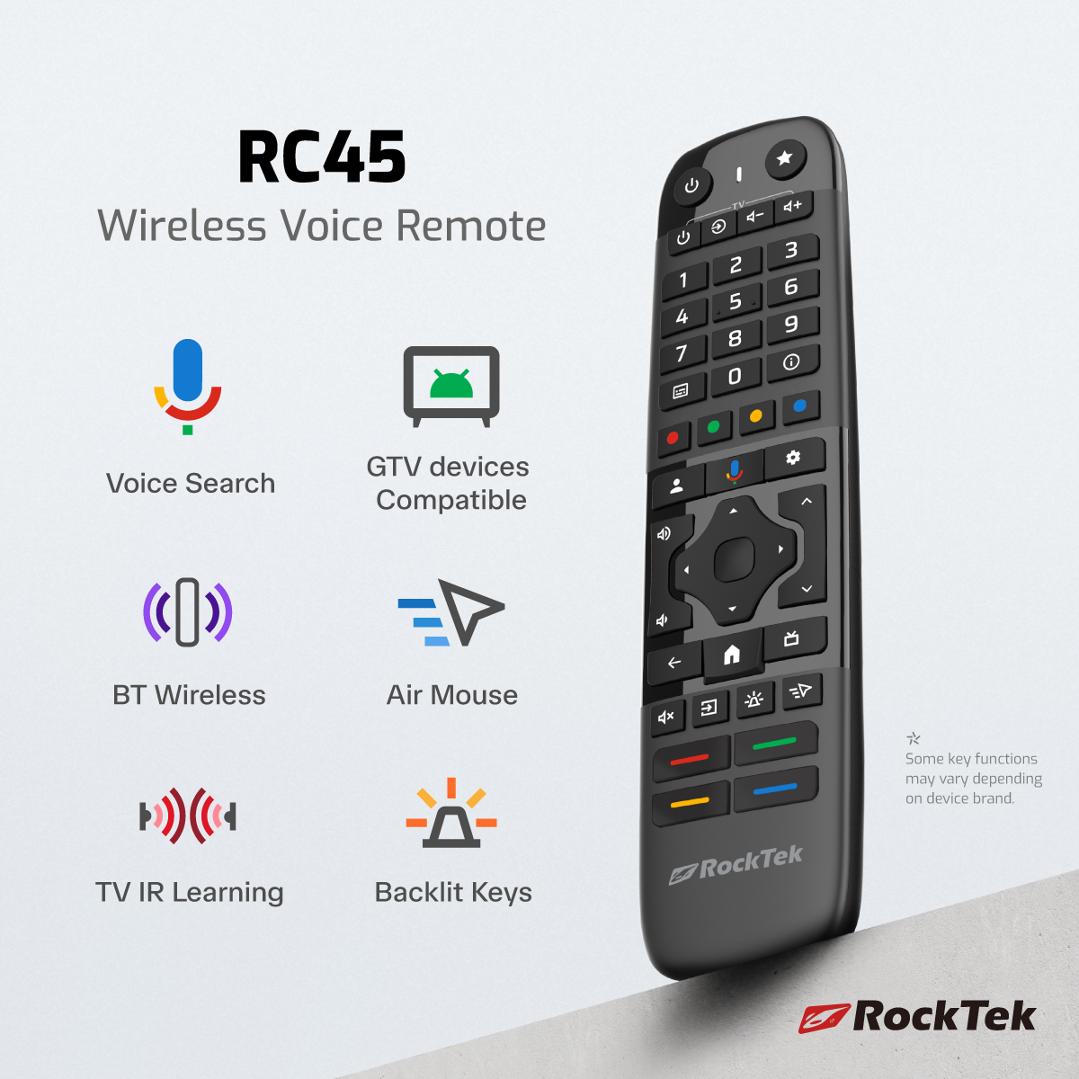 Функции пульта RockTek RC45: Bluetooth, голосовой поиск, аэромышь, подсветка и IR-обучение